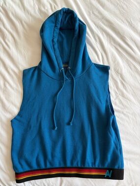 Aviator Nation  Blue Sleeveless Hooded Tank with Striped Hem